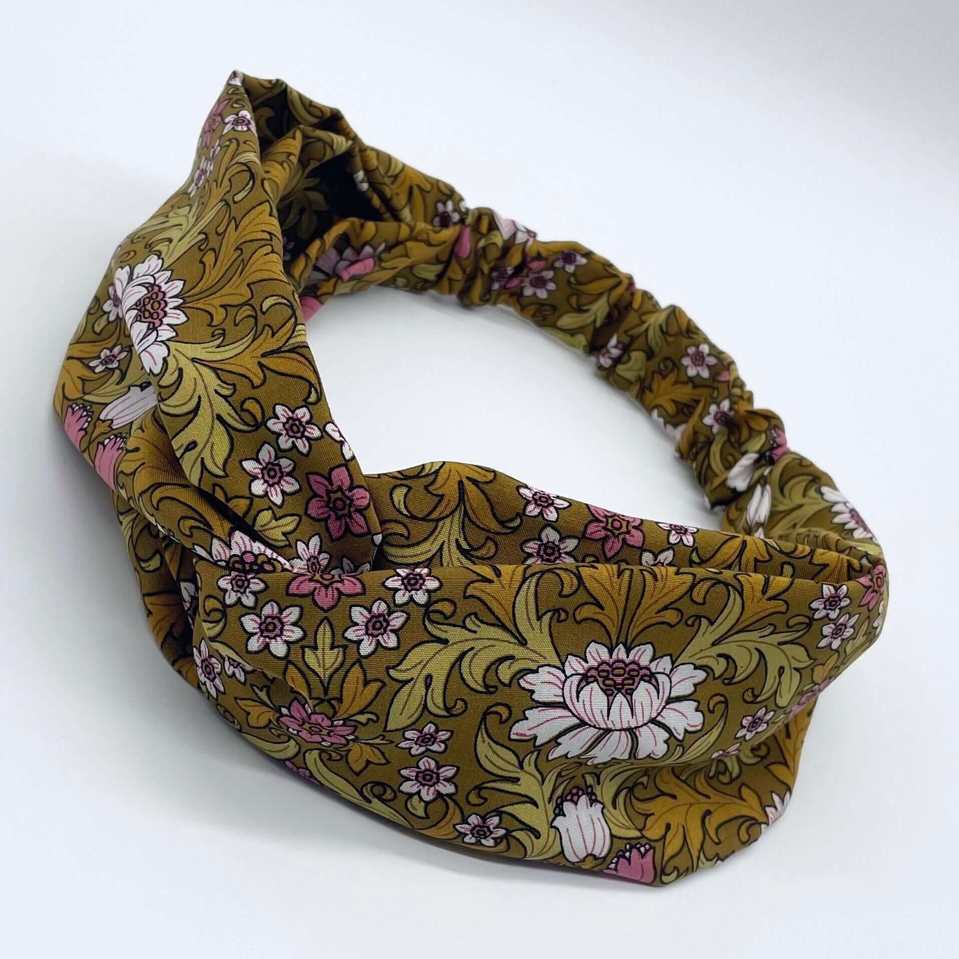 William Morris- Inspired Twist Headband in mustard yellow with flowers and leaves print