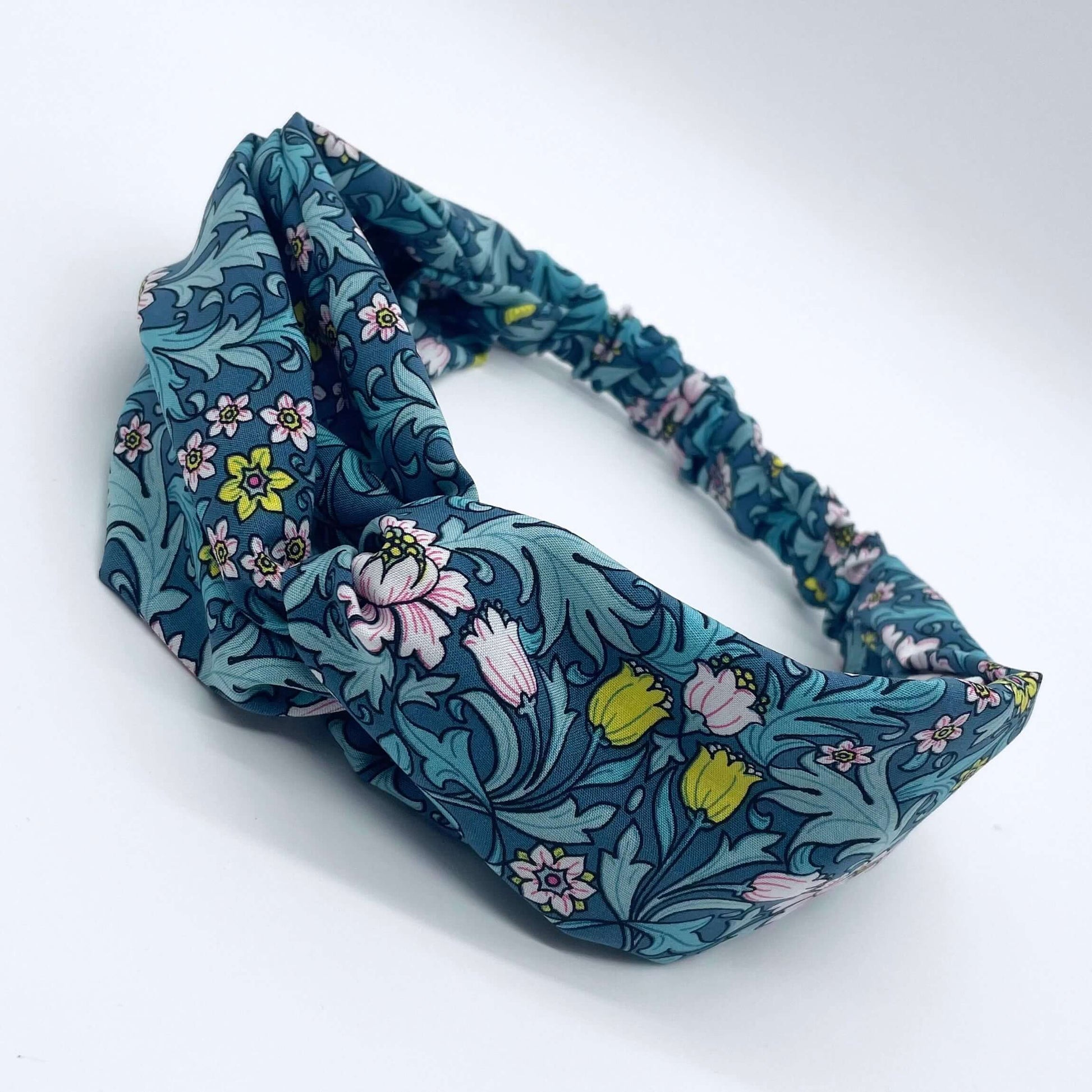 William Morris- Inspired Twist Headband in Blue with flowers and leaves print