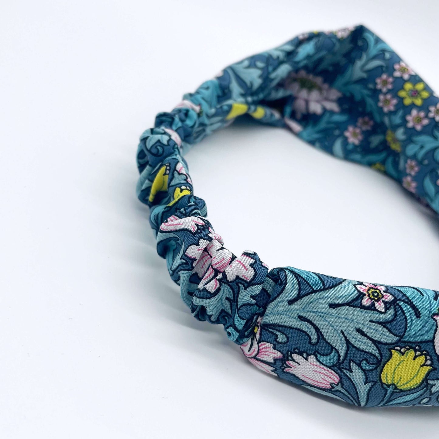 William Morris- Inspired Twist Headband in Blue with flowers and leaves print