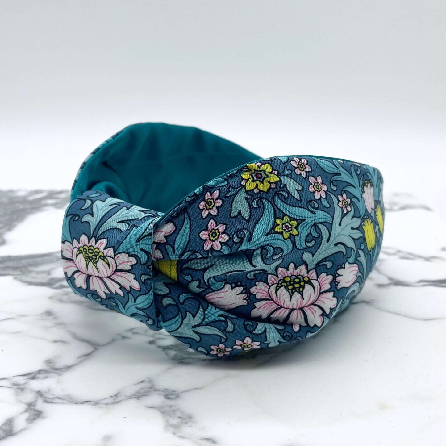 William Morris- Inspired Knot Headband with satin lining in blue. Flowers and leaves print