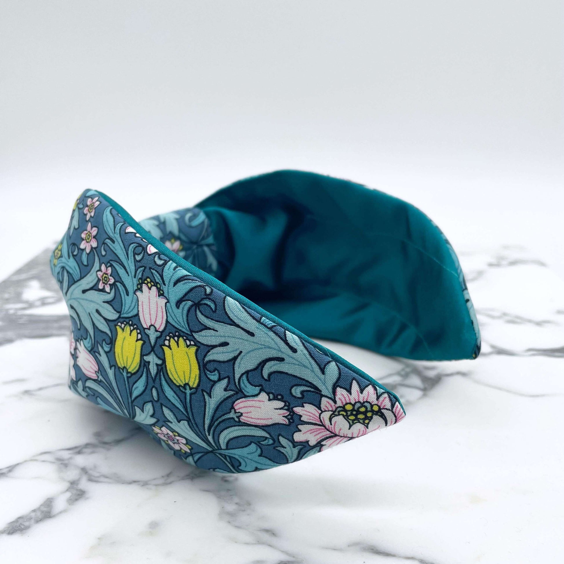 William Morris- Inspired Knot Headband with satin lining in blue. Flowers and leaves print