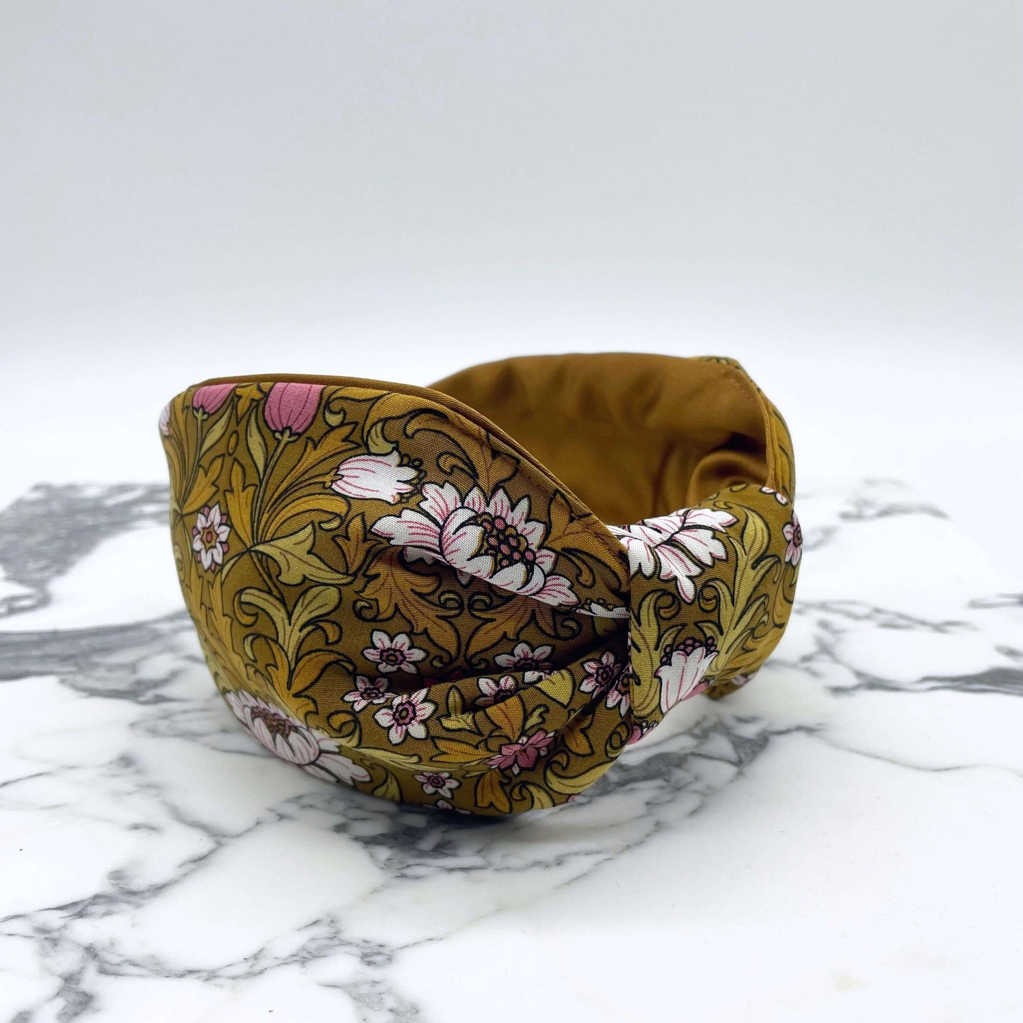 William Morris- Inspired Knot Headband with satin lining in mustard. Flowers and leaves print