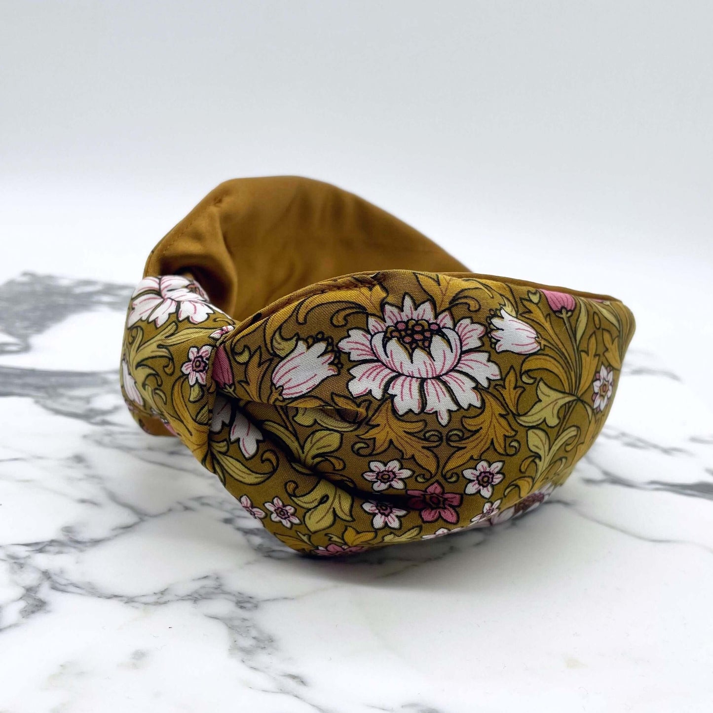 William Morris- Inspired Knot Headband with satin lining in mustard. Flowers and leaves print