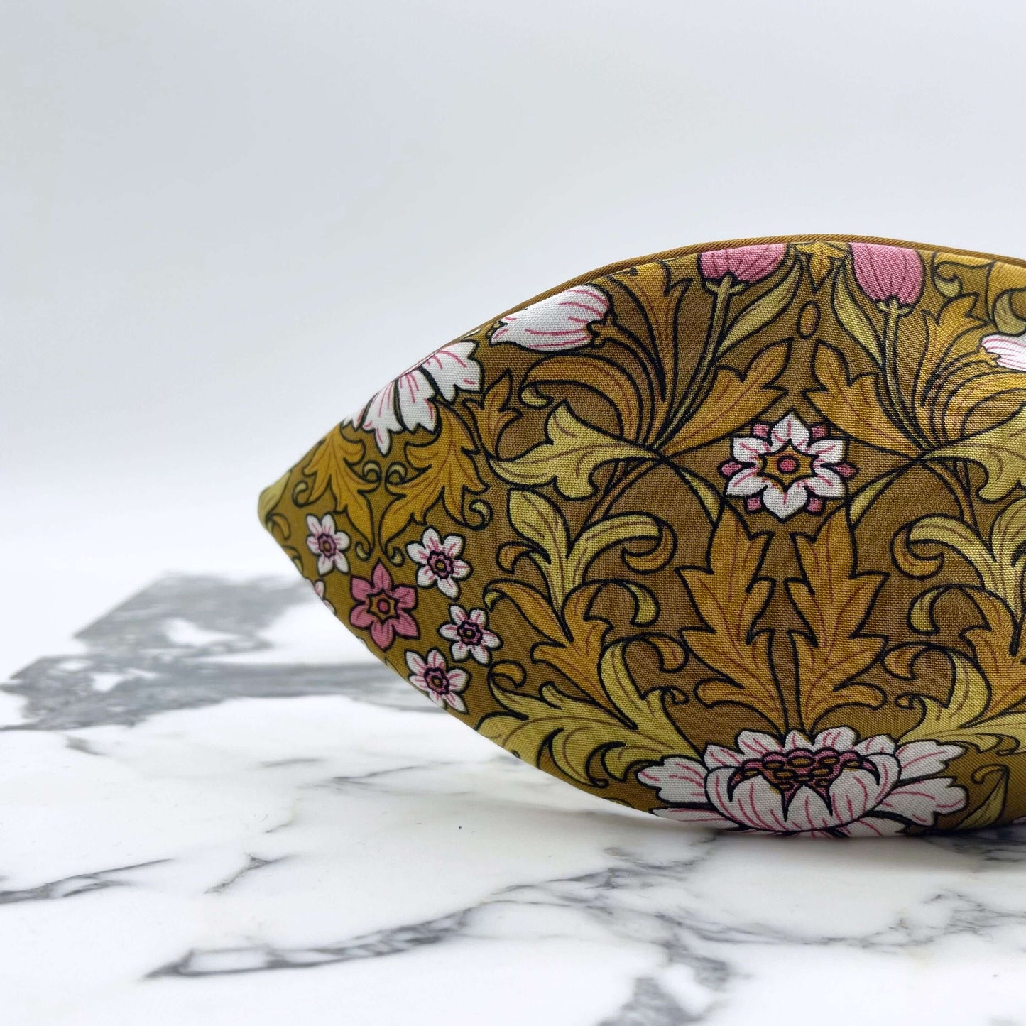 William Morris- Inspired Knot Headband with satin lining in mustard. Flowers and leaves print