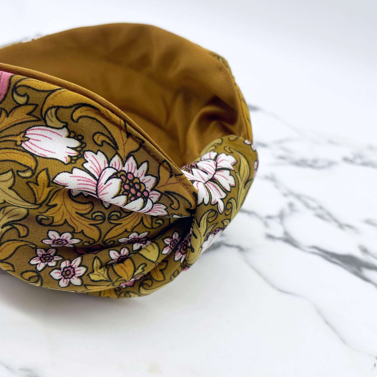 William Morris- Inspired Knot Headband with satin lining in mustard. Flowers and leaves print