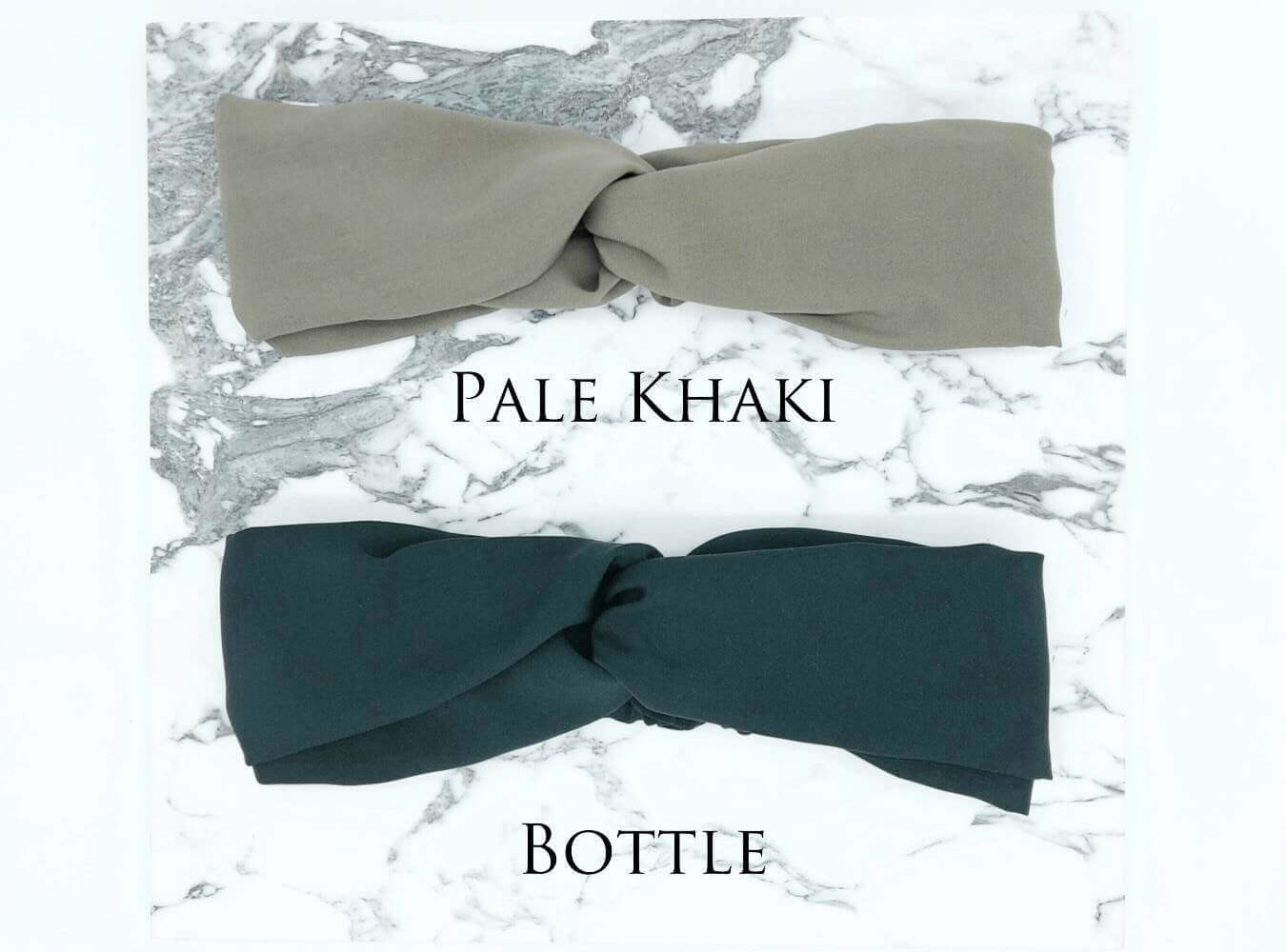 Two soft, viscose, elasticated turban twist headbands in khaki green and bottle green.