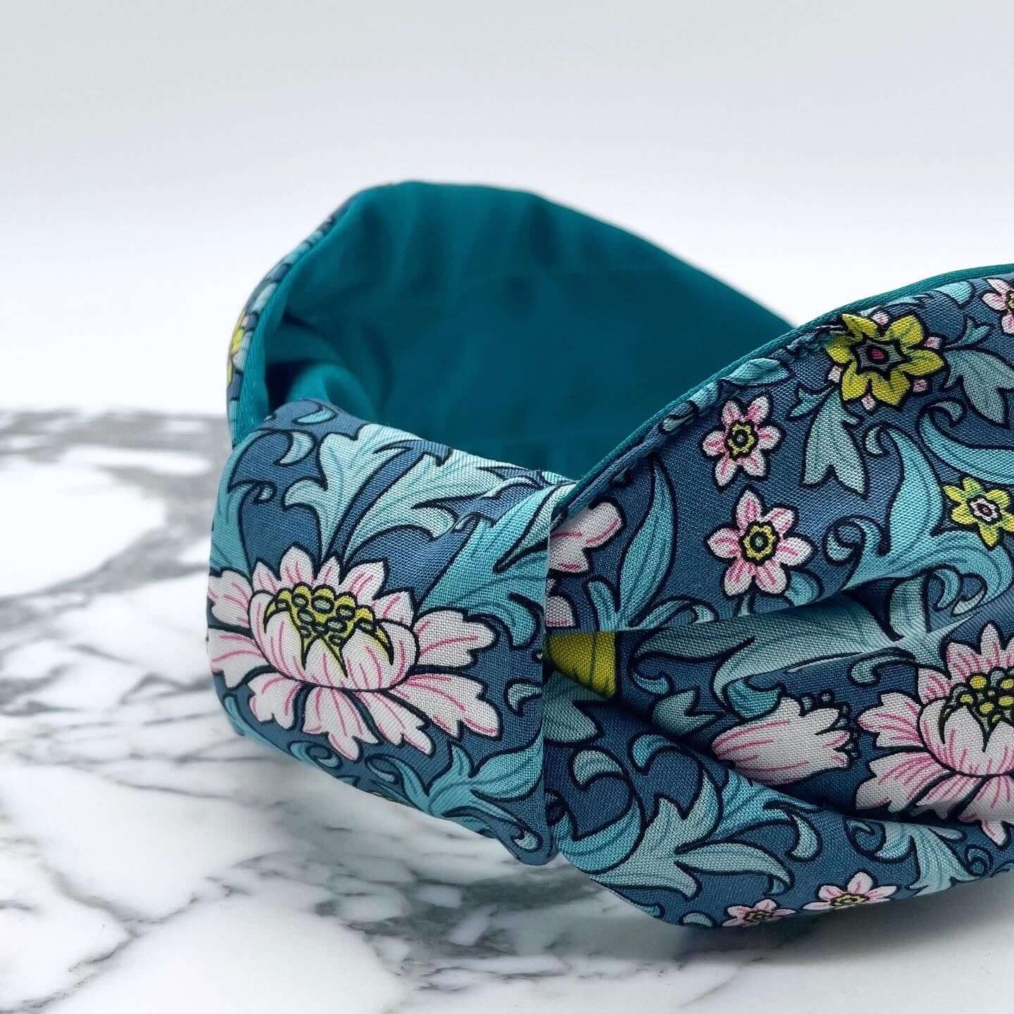 William Morris- Inspired Knot Headband with satin lining in blue. Flowers and leaves print