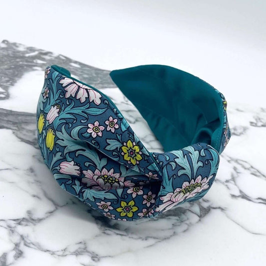 William Morris- Inspired Knot Headband with satin lining in blue. Flowers and leaves print