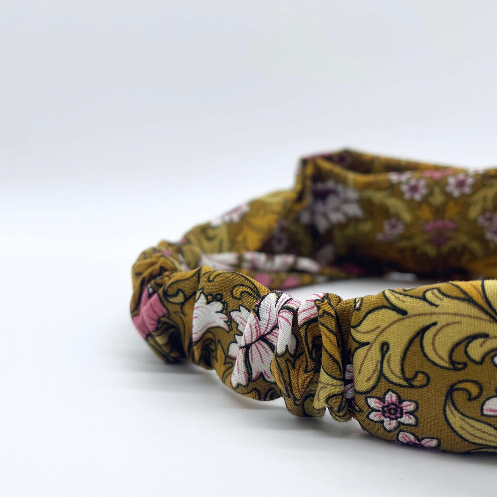 William Morris- Inspired Twist Headband in mustard yellow with flowers and leaves print