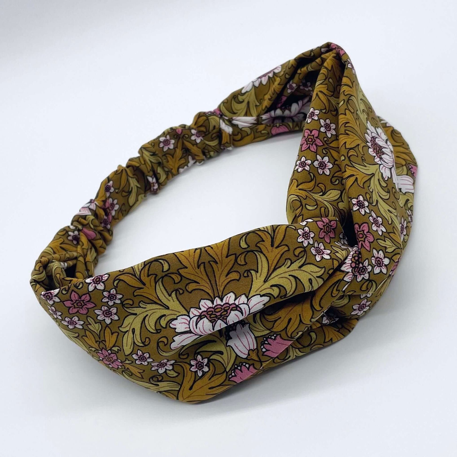 William Morris- Inspired Twist Headband in mustard yellow with flowers and leaves print