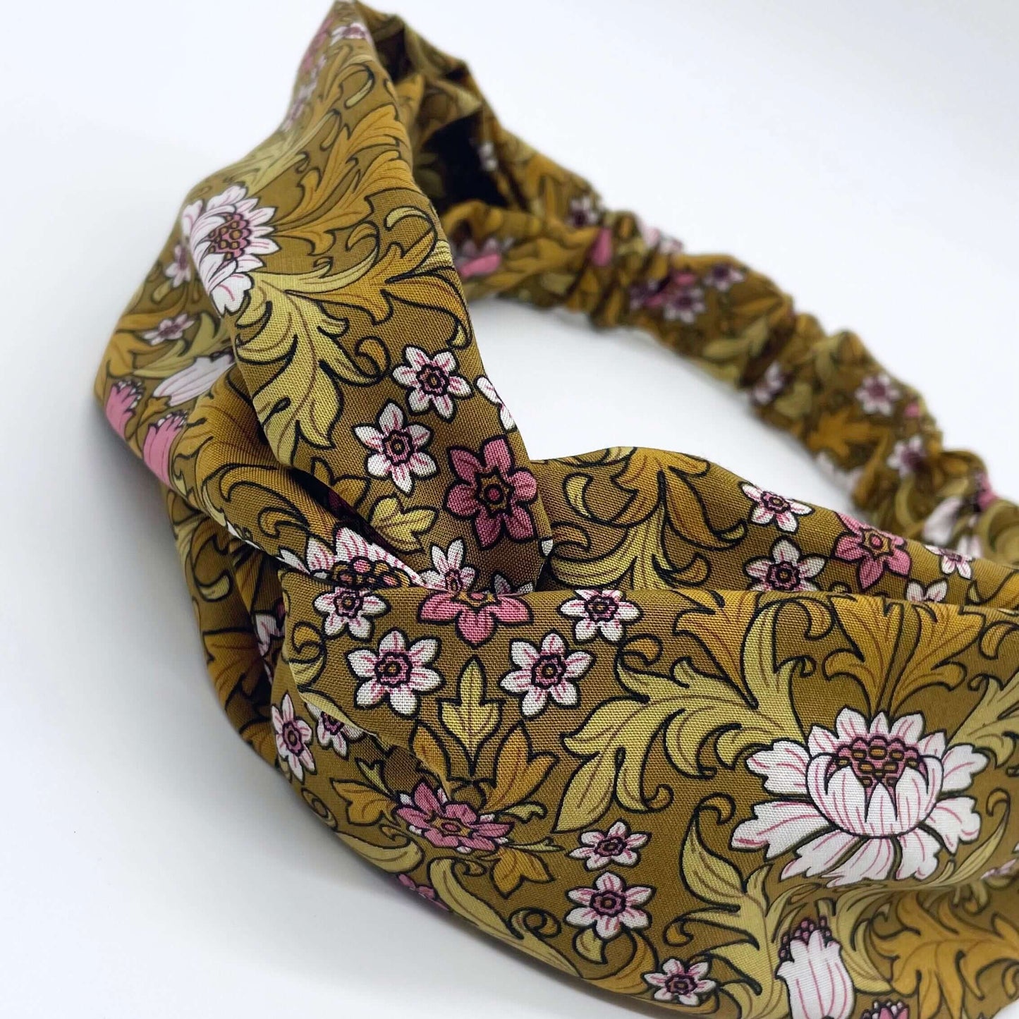 William Morris- Inspired Twist Headband in mustard yellow with flowers and leaves print