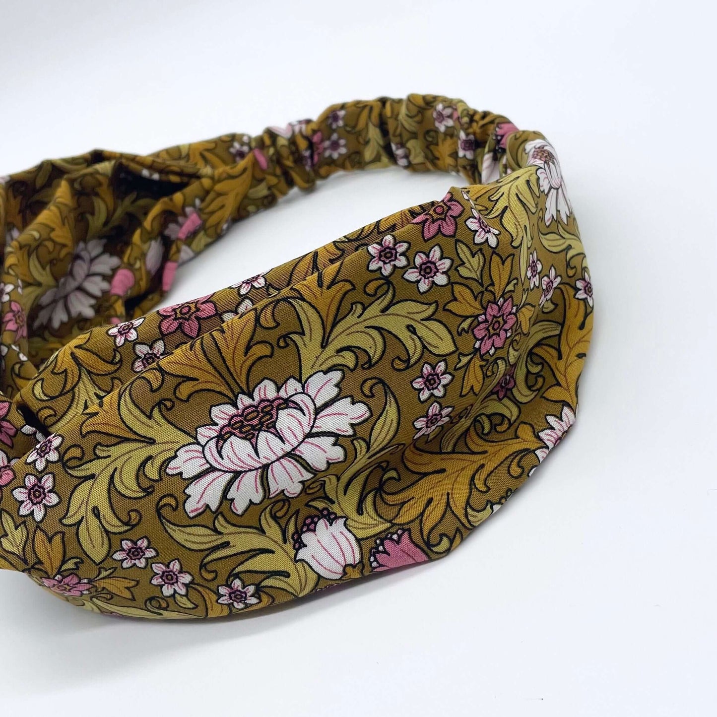 William Morris- Inspired Twist Headband in mustard yellow with flowers and leaves print