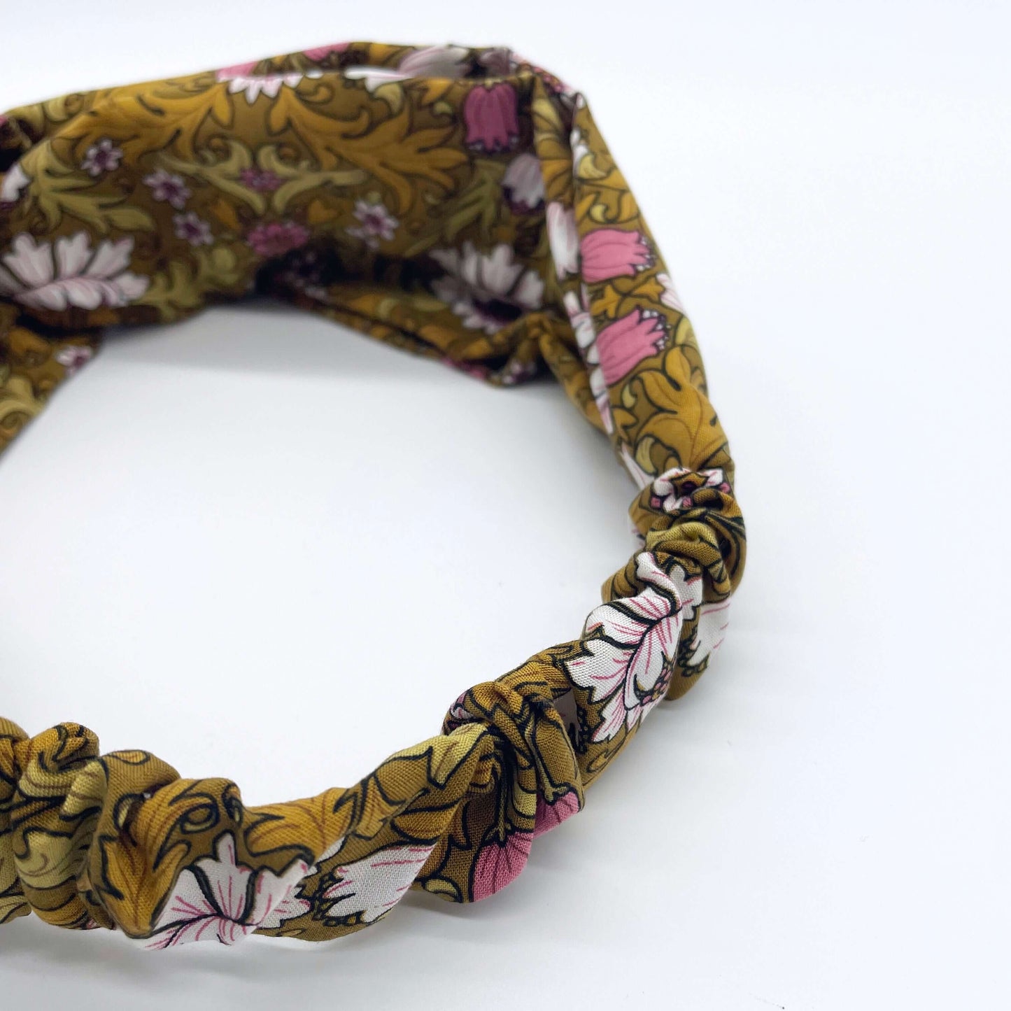 William Morris- Inspired Twist Headband in mustard yellow with flowers and leaves print
