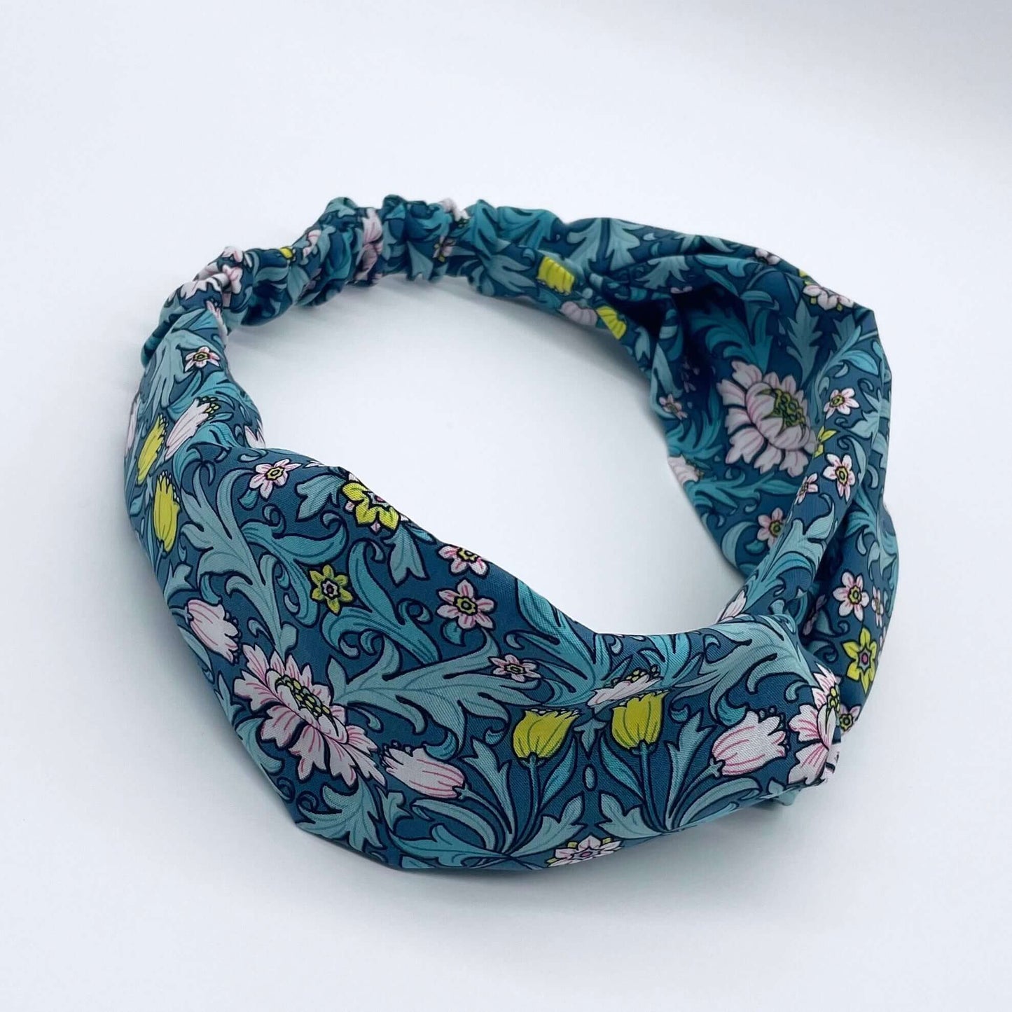 William Morris- Inspired Twist Headband in Blue with flowers and leaves print