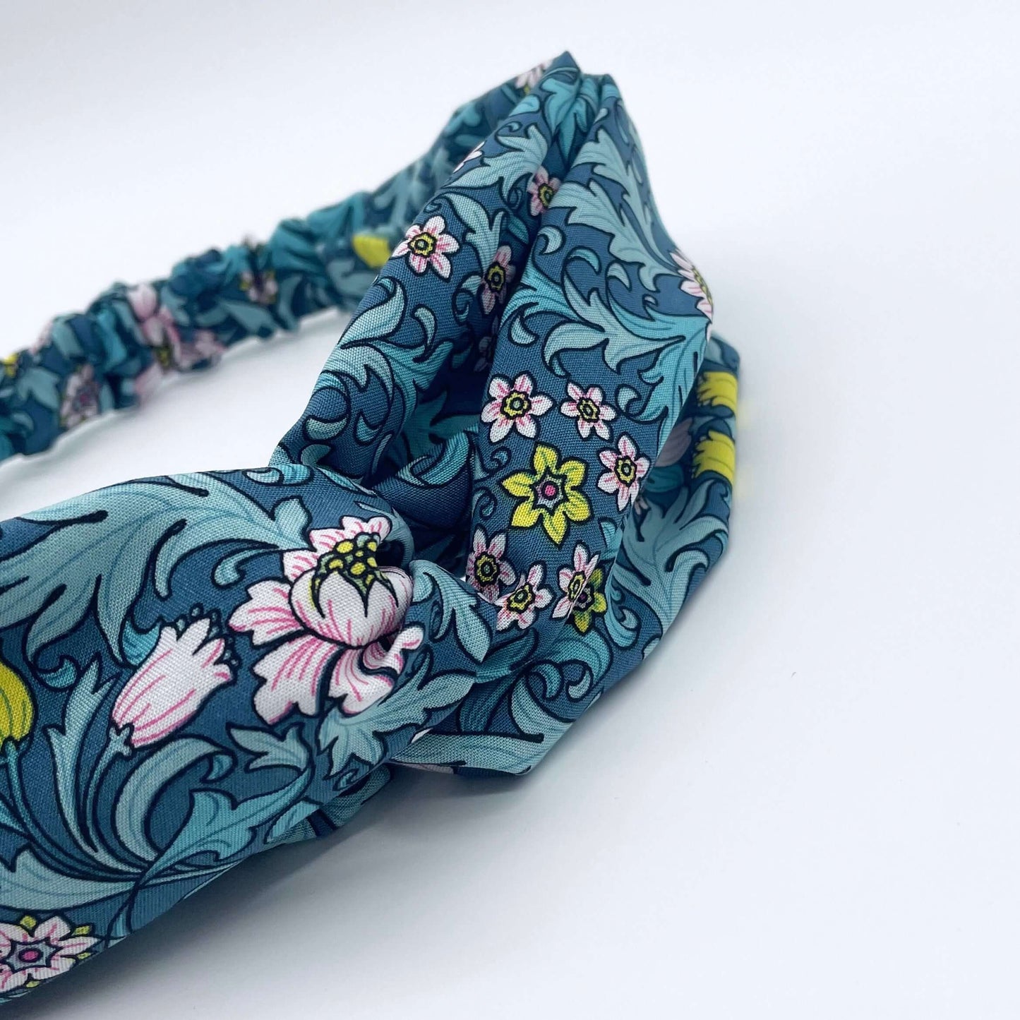 William Morris- Inspired Twist Headband in Blue with flowers and leaves print