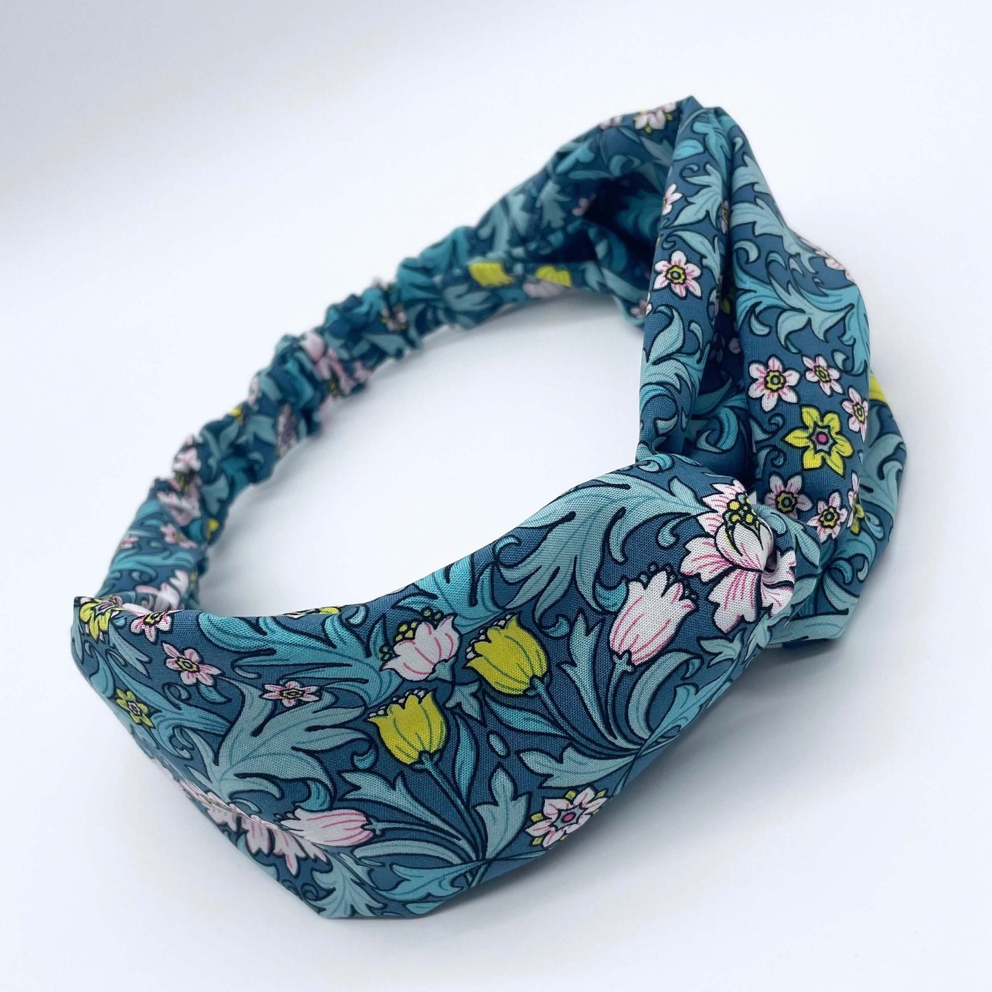 William Morris- Inspired Twist Headband in Blue with flowers and leaves print