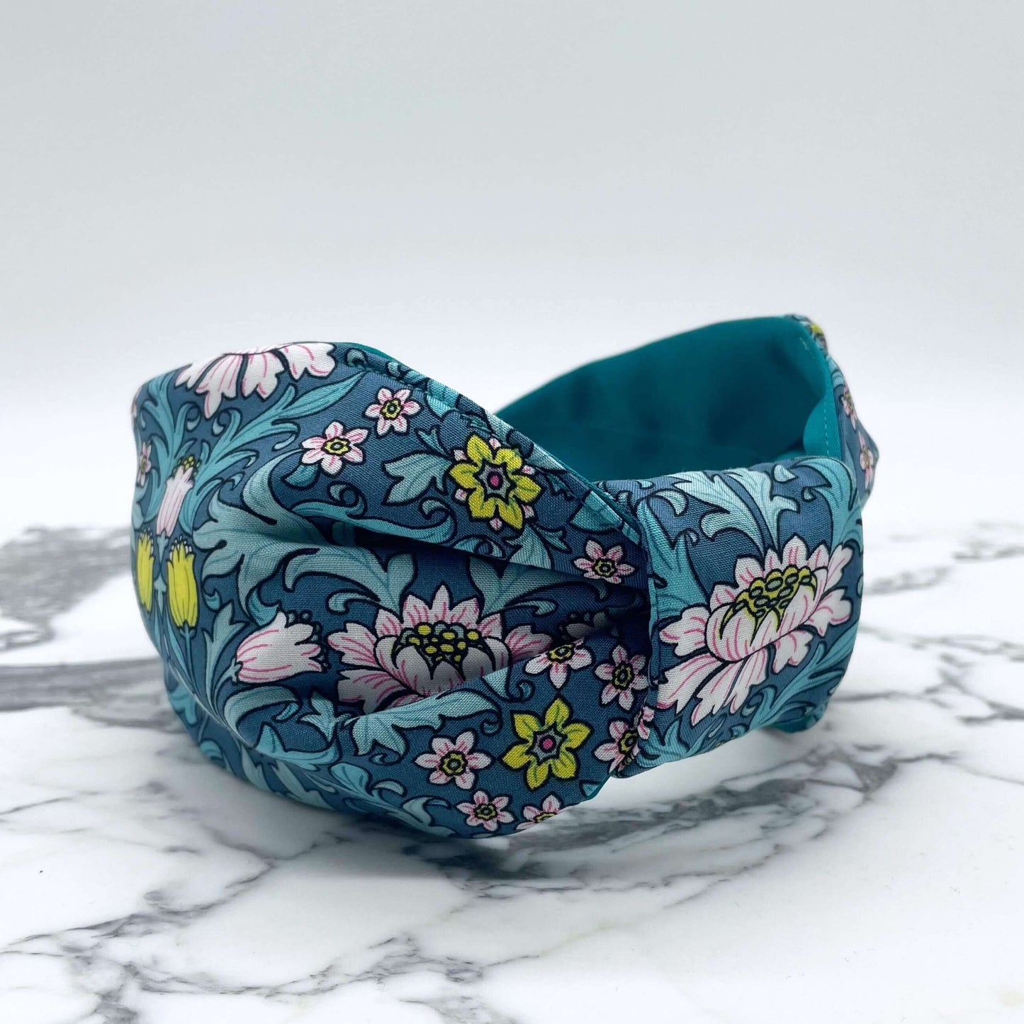 William Morris- Inspired Knot Headband with satin lining in blue. Flowers and leaves print