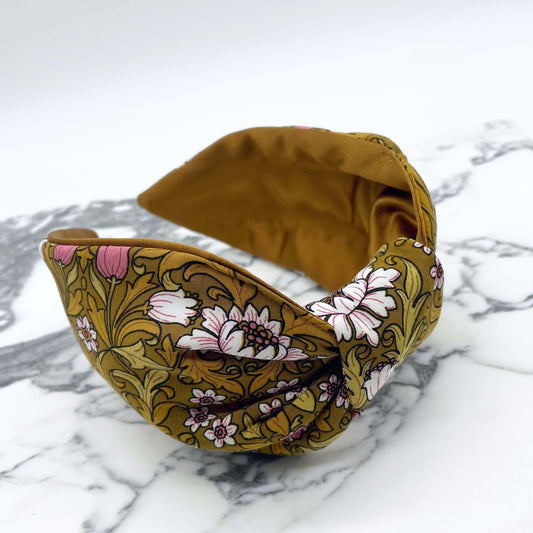 William Morris- Inspired Knot Headband with satin lining in mustard. Flowers and leaves print