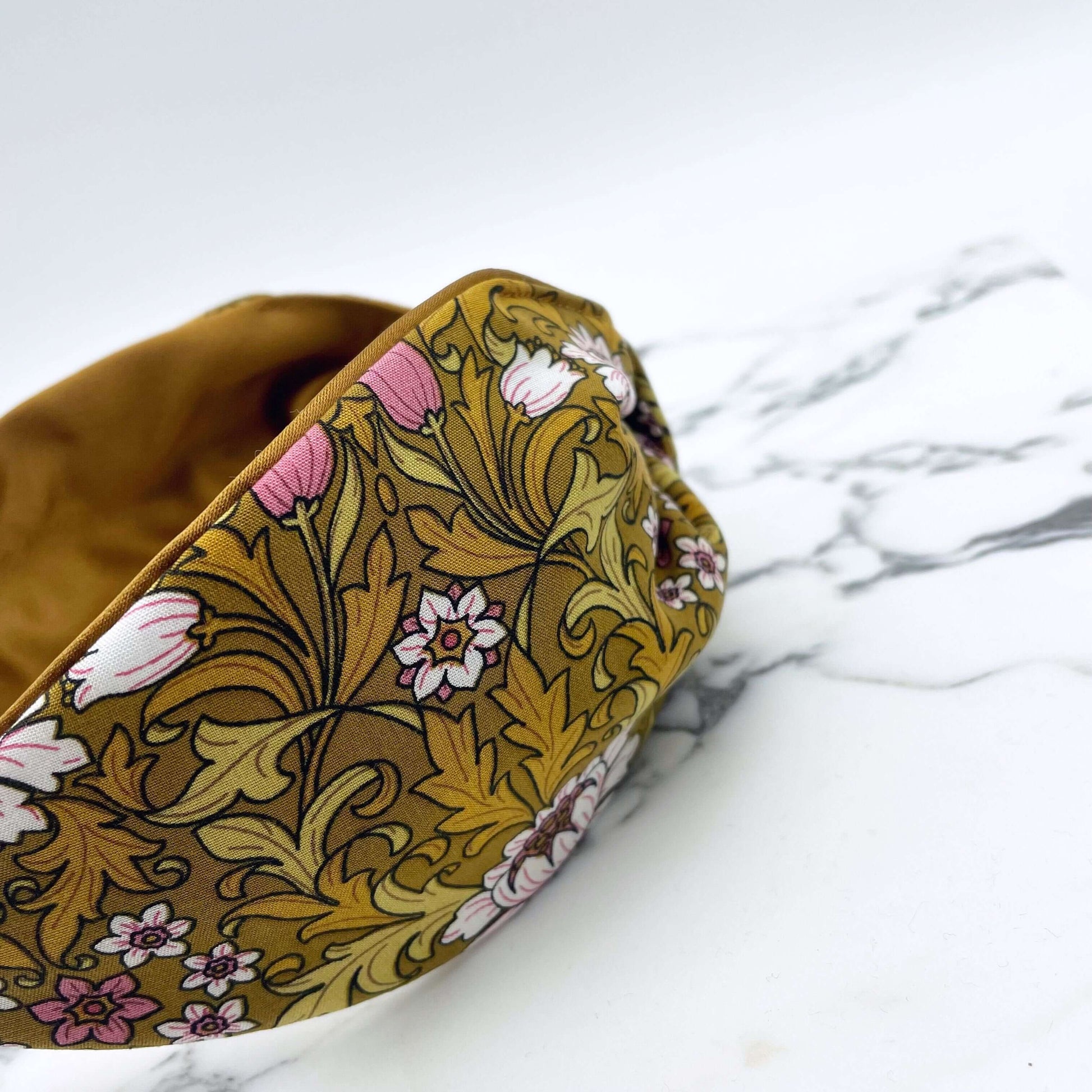 William Morris- Inspired Knot Headband with satin lining in mustard. Flowers and leaves print