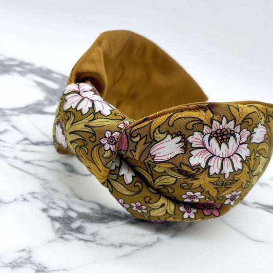 William Morris- Inspired Knot Headband with satin lining in mustard. Flowers and leaves print