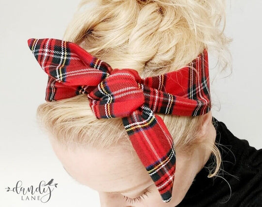Traditional Red Tartan Soft Cotton Headscarf / Women's Tie Headscarf / Hair Wrap / Red hairband