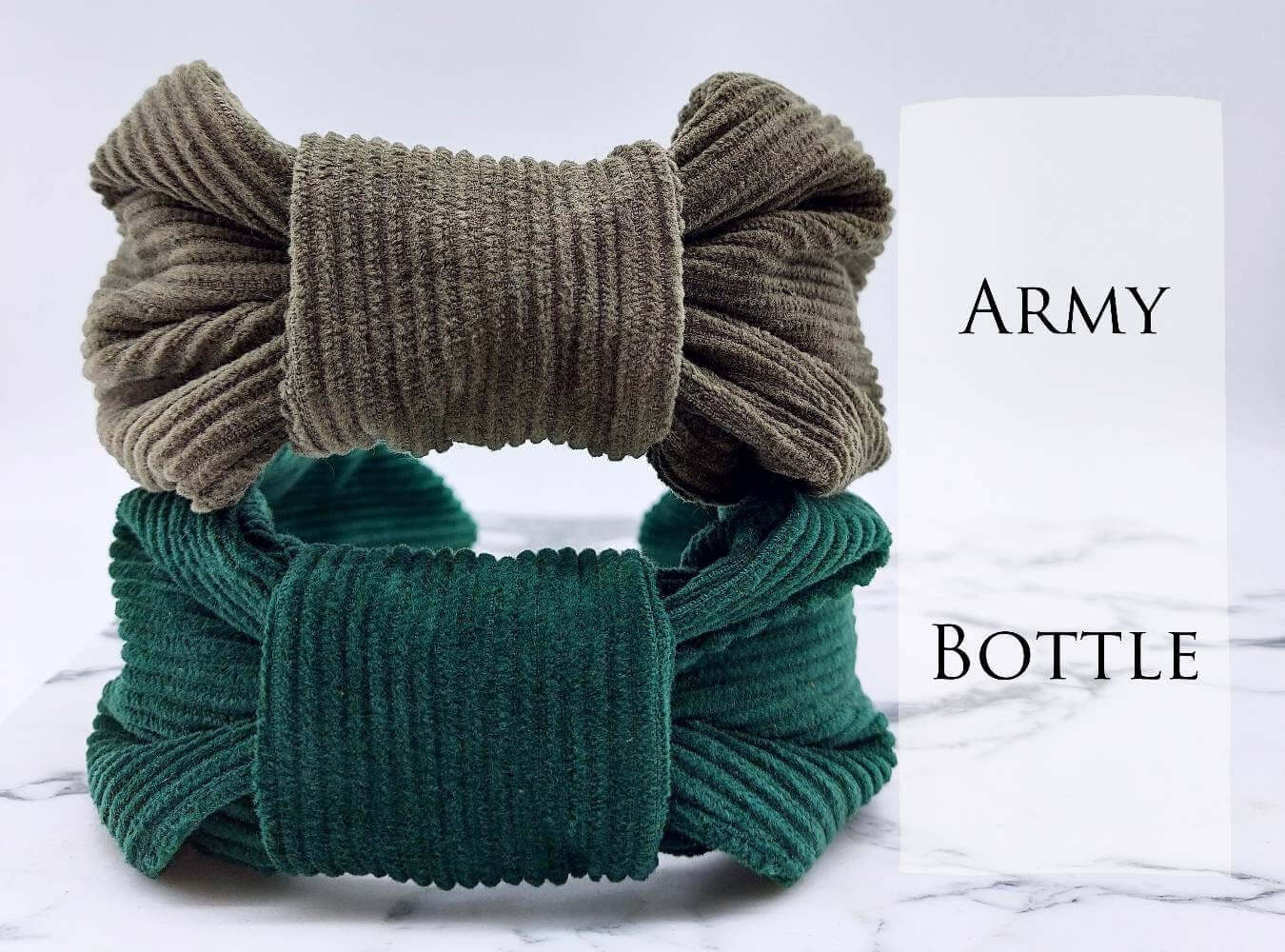 Two, luxury bow-style, corduroy fabric knot headbands in  army green and bottle green..