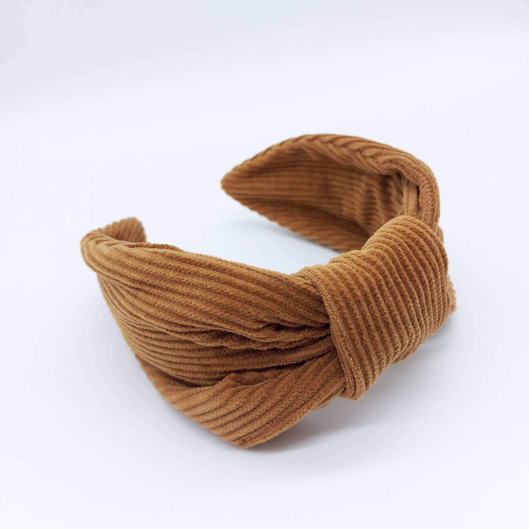 A luxury bow-style, caramel-coloured thick corduroy fabric knot headband.
